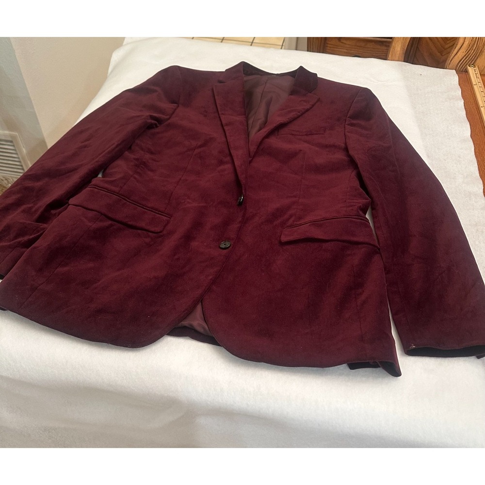 JF J Ferrar Velvet Blazer Mens Maroon Burgundy Size 38L Slim Fit Formal Party